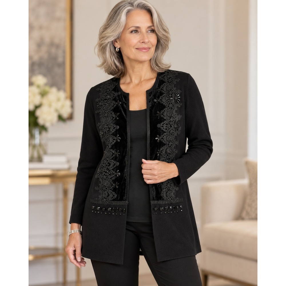 Chico's Cardigan Black Beaded Lace Velvet Open Front Sweater Size 3 XL